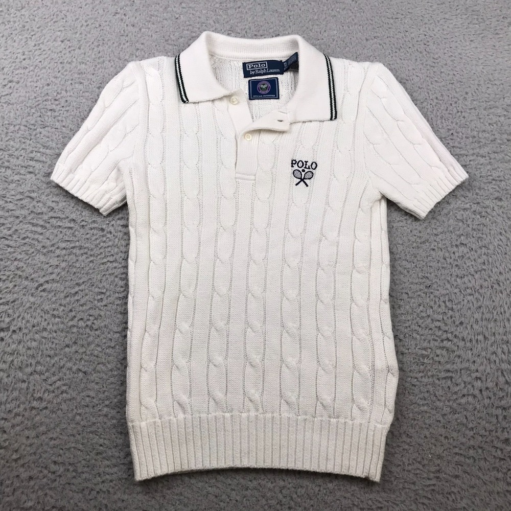 Polo Ralph Lauren Wimbledon Sweater Womens XS White Cable Knit Tennis Embroidery
